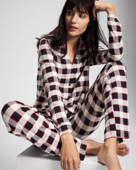 DREAMSCAPE PLAID BLACK - Long-Sleeve Notch Collar Pajama Top