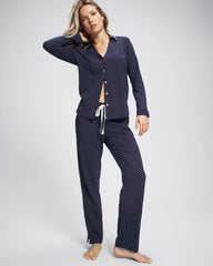 METRO DOT NAVY - Long-Sleeve Notch Collar Pajama Top