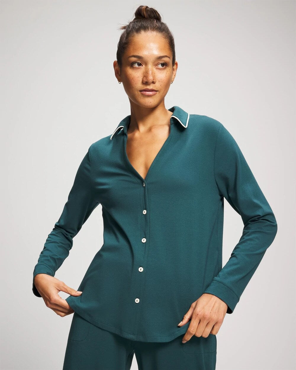 DEEP TEAL - Long-Sleeve Notch Collar Pajama Top