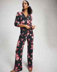 COTTAGE FLORAL GREEN - Cool Nights Long Sleeve Notch Collar with Piped Placket Pajama Top