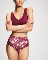 LUXURIOUS LEAVES M PLUM - Tummy High-Waist Brief Panty with Lace
