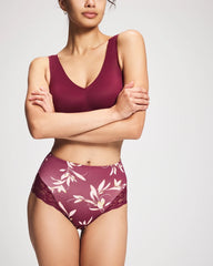 LUXURIOUS LEAVES M PLUM - Tummy High-Waist Brief Panty with Lace
