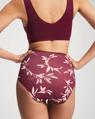 LUXURIOUS LEAVES M PLUM - Tummy High-Waist Brief Panty with Lace
