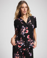 FLORAL DREAMS BLACK - Short Sleeve Notch Collar Pajama Top