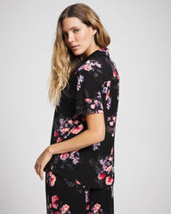 FLORAL DREAMS BLACK - Short Sleeve Notch Collar Pajama Top
