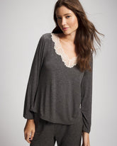 CHARCOAL HEATHER W/ SHINE - Lace Trim Long Sleeve Pajama Top