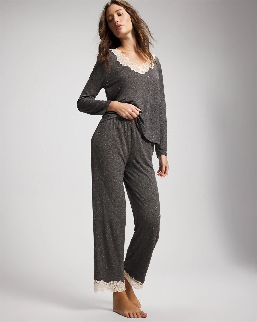CHARCOAL HEATHER W/ SHINE - Lace Trim Pajama Pant