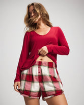 WINTER PLAID RED - Velvet Piped Boxer Pajama Short