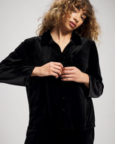 BLACK - Velvet Long Sleeve Notch Collar Pajama Top