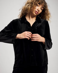 BLACK - Velvet Long Sleeve Notch Collar Pajama Top