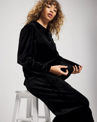 BLACK - Velvet Long Sleeve Notch Collar Pajama Top