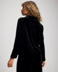 BLACK - Velvet Long Sleeve Notch Collar Pajama Top
