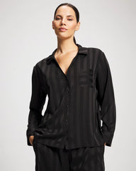 BLACK - Shadow Stripe Long Sleeve Pajama Notch Collar Top