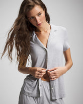 HEATHER OPAL GRAY - Solid Short Sleeve Notch Collar Pajama Top