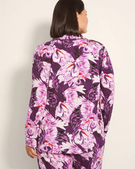 COURTING CRANES BLKBRY - Long-Sleeve Printed Notch Collar Pajama Top