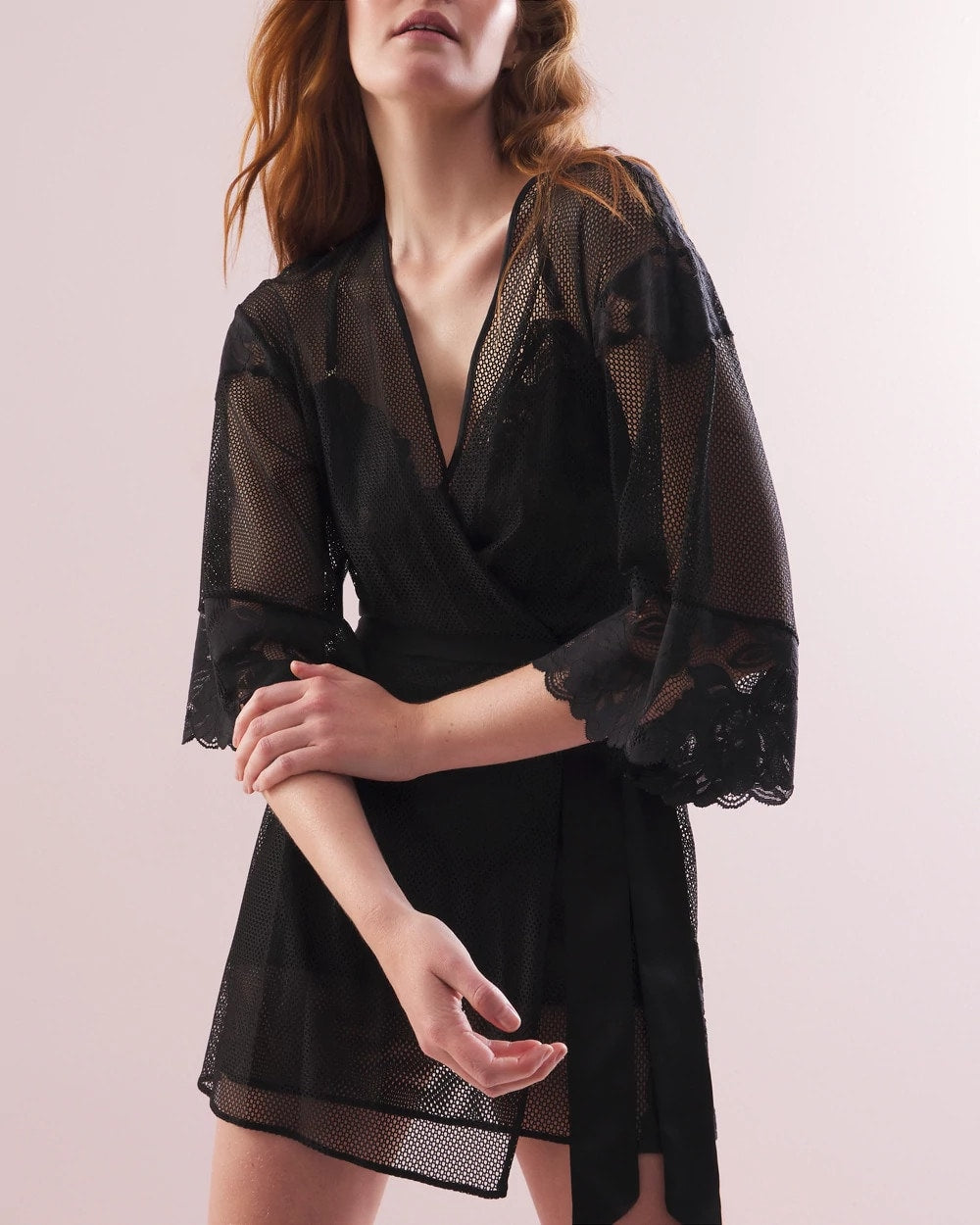 BLACK - Robe with Mesh and Lace