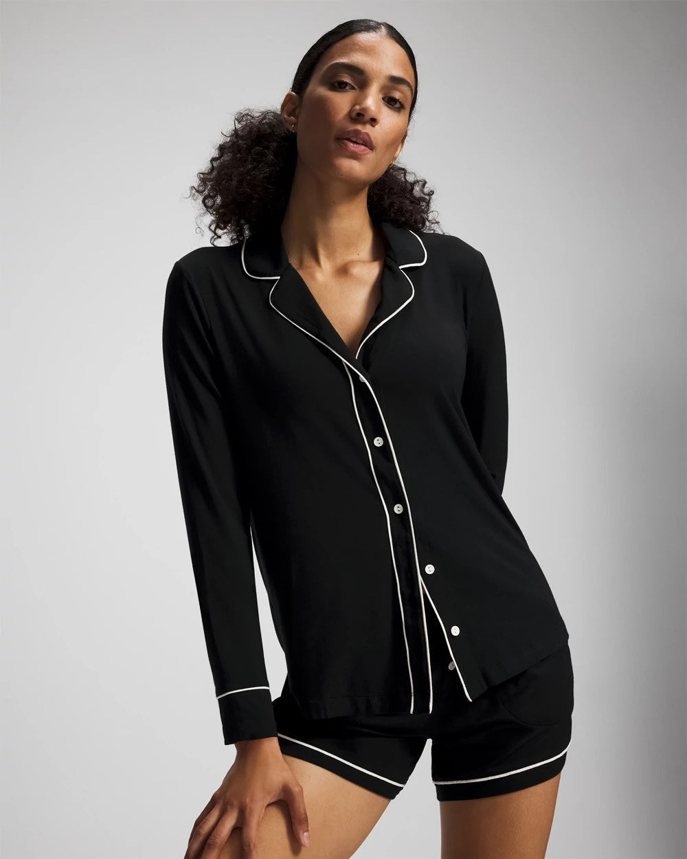 BLACK - Long-Sleeve Notch Collar Pajama Top
