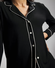 BLACK - Long-Sleeve Notch Collar Pajama Top