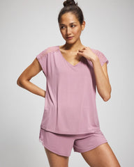 LILAC WINE - Short Sleeve Lace Pajama Tee
