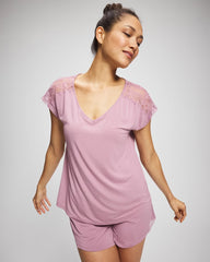 LILAC WINE - Short Sleeve Lace Pajama Tee