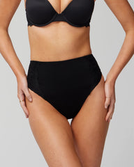 BLACK - High-Waist Thong Panty With Lace