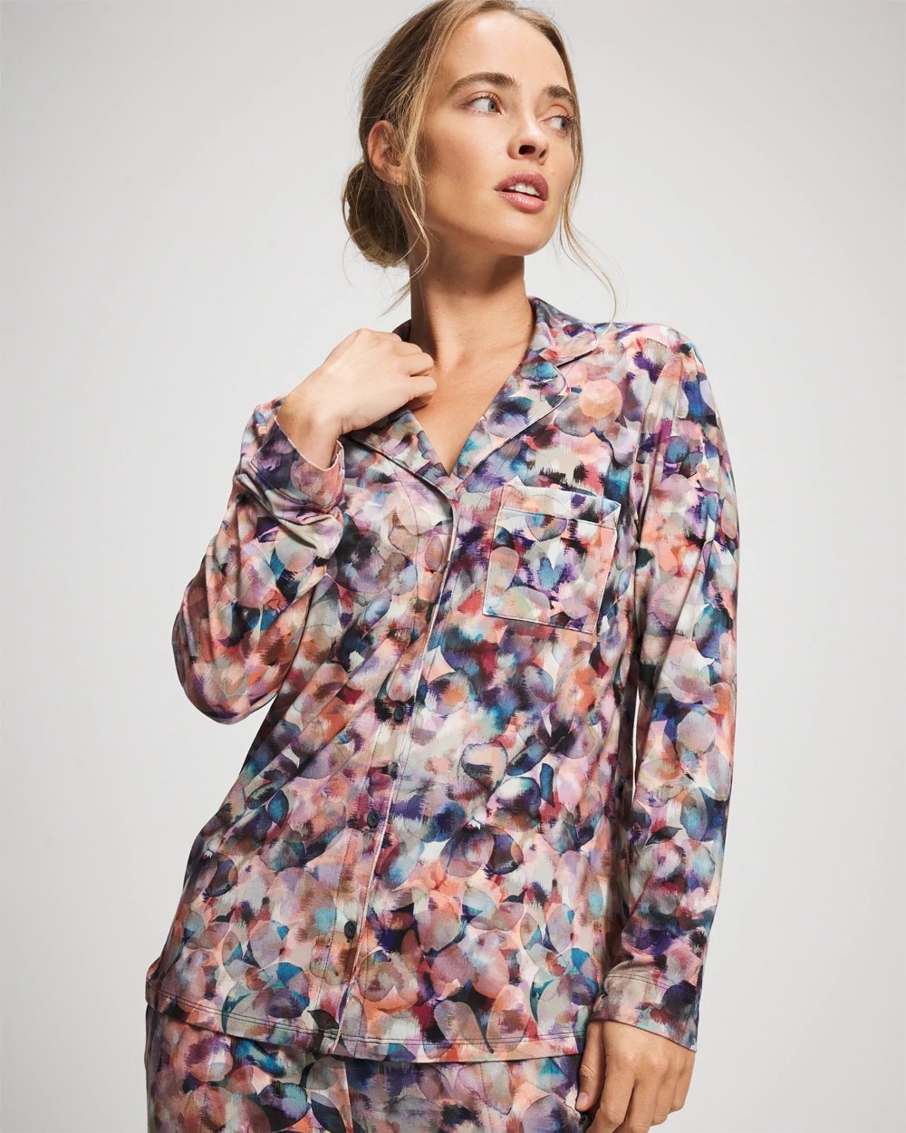 PETAL MOSAIC PETROL - Long-Sleeve Notch Collar Pajama Top