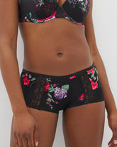 RHAPSODY FLORA MINI BLACK - Boyshort Panty with Enchanting Lace