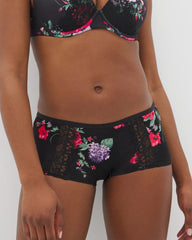 RHAPSODY FLORA MINI BLACK - Boyshort Panty with Enchanting Lace
