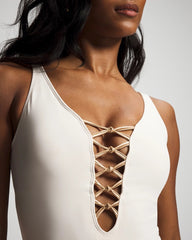 COCONUT/ROSE GOLD - Let’s Get Knotty Lace-Down One-Piece Suit