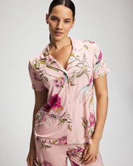 FEATHERED FANCY PINK - Printed Short Sleeve Notch Collar
