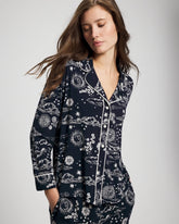 COSMIC BALLET NAVY - Cool Nights Long Sleeve Notch Collar with Piped Placket Pajama Top