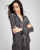 MIDNIGHT STRIPE GREEN JOL - Cool Nights Long Sleeve Notch Collar with Piped Placket Pajama Top