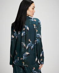 MIDNIGHT CRANES BLUE - Long Sleeve Notch Collar Pajama Top