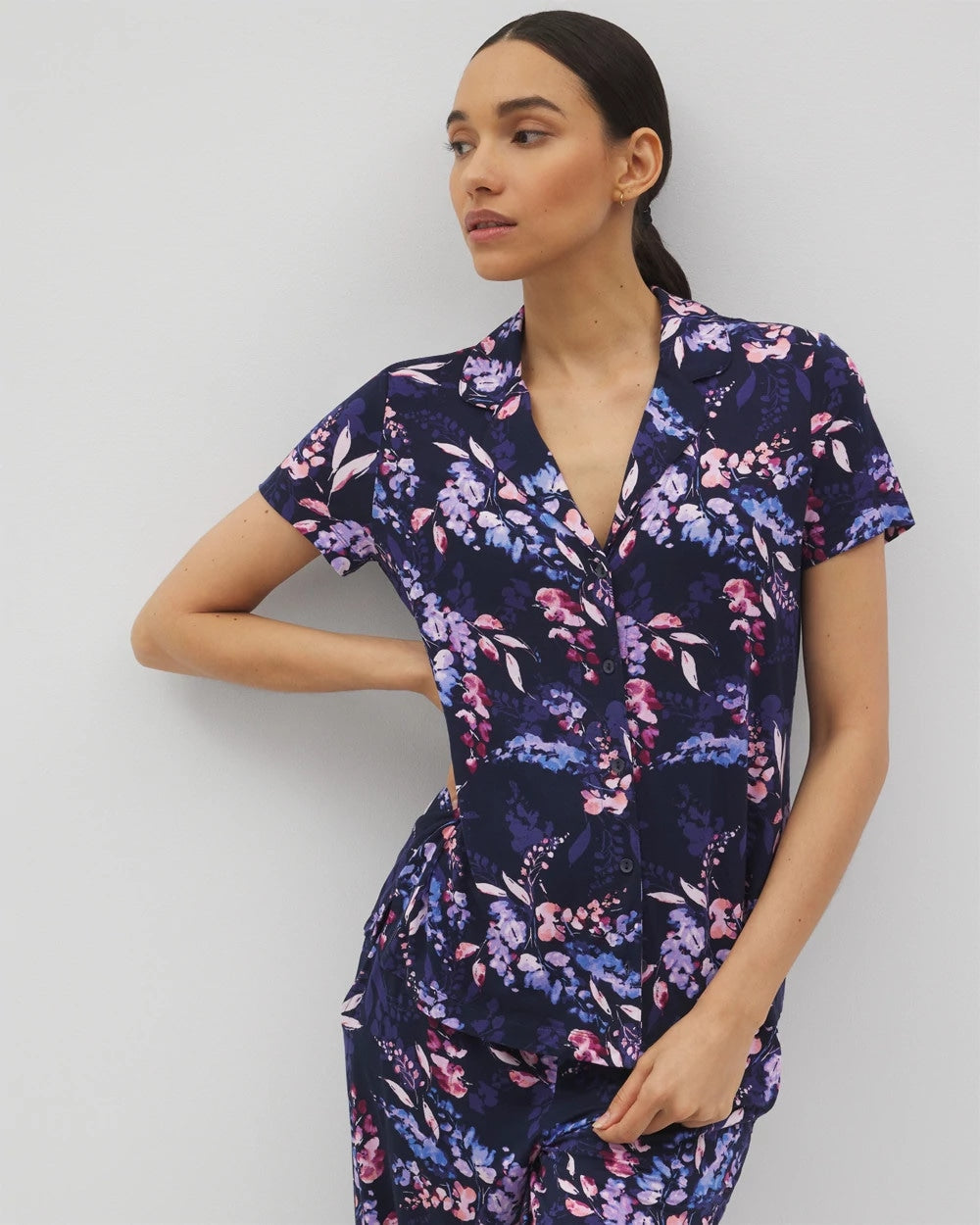 BLOOM BRIGHTLY NAVY - Short Sleeve Notch Collar Pajama Top