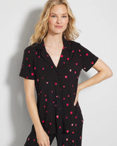 FLOATING HEARTS BLACK RED - Short Sleeve Notch Collar Pajama Top