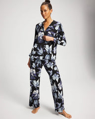 WHIMSICAL WINGS BLK MID - Piped Long-Sleeve Notch Pajama Top