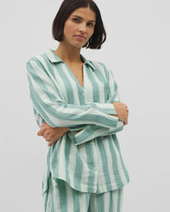 TEAL STRIPE - Cotton Gauze Long Sleeve Notch Collar Pajama Top