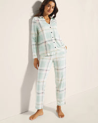 SNUGGLE UP PLAID GREEN - Long-Sleeve Notch Collar Pajama Top
