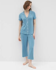 BLUE HEAVEN - Solid Short Sleeve Notch Collar Pajama Top
