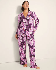 COURTING CRANES BLKBRY - Long-Sleeve Printed Notch Collar Pajama Top
