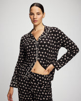 PEACEFUL PETALS BLACK - Long-Sleeve Printed Notch Collar Pajama Top