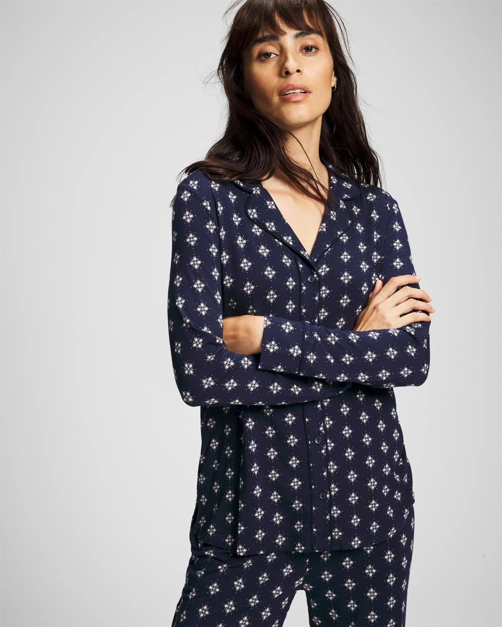 BELLE FOULARD NAVY - Long-Sleeve Printed Notch Collar Pajama Top