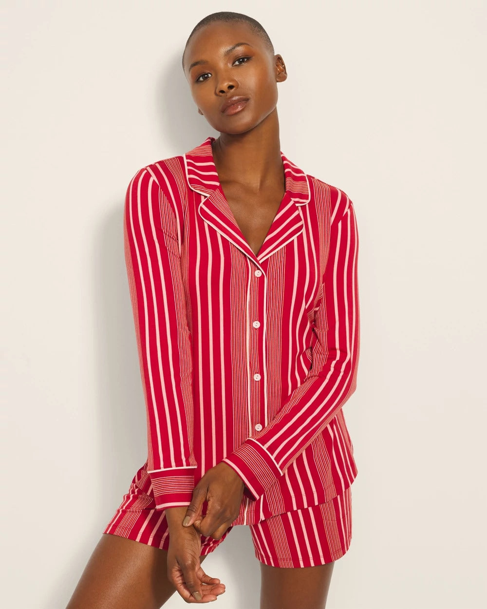 ASPEN STRIPE RED - Long-Sleeve Printed Notch Collar Pajama Top