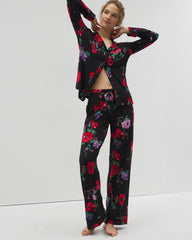 RHAPSODY FLORA BLACK - Long-Sleeve Printed Notch Collar Pajama Top