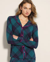 BUNDLE UP PLAID BIAS TEAL - Long-Sleeve Printed Notch Collar Pajama Top