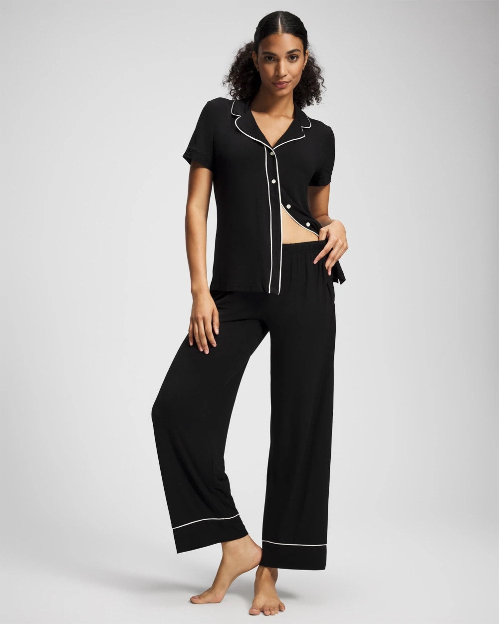 BLACK - Solid Piped Pajama Pants