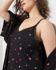 FLOATING HEARTS BDR BLK R - Lace Trim Chemise
