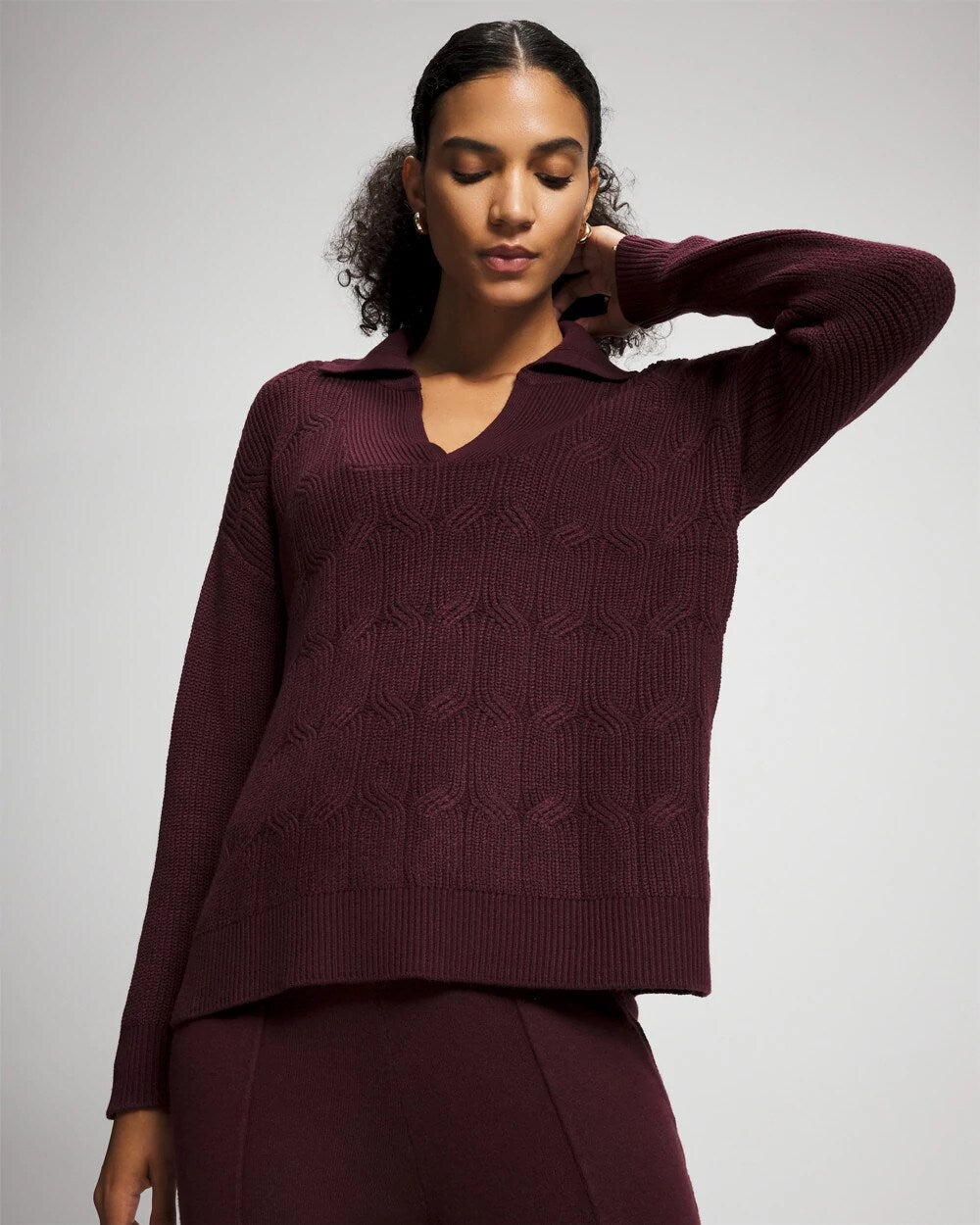 MERLOT - Premier Knit Cable Knit Collared Sweater