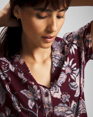 PAISLEY SPLENDOR PLUM - Piped Short Sleeve Notch Collar Pajama Top