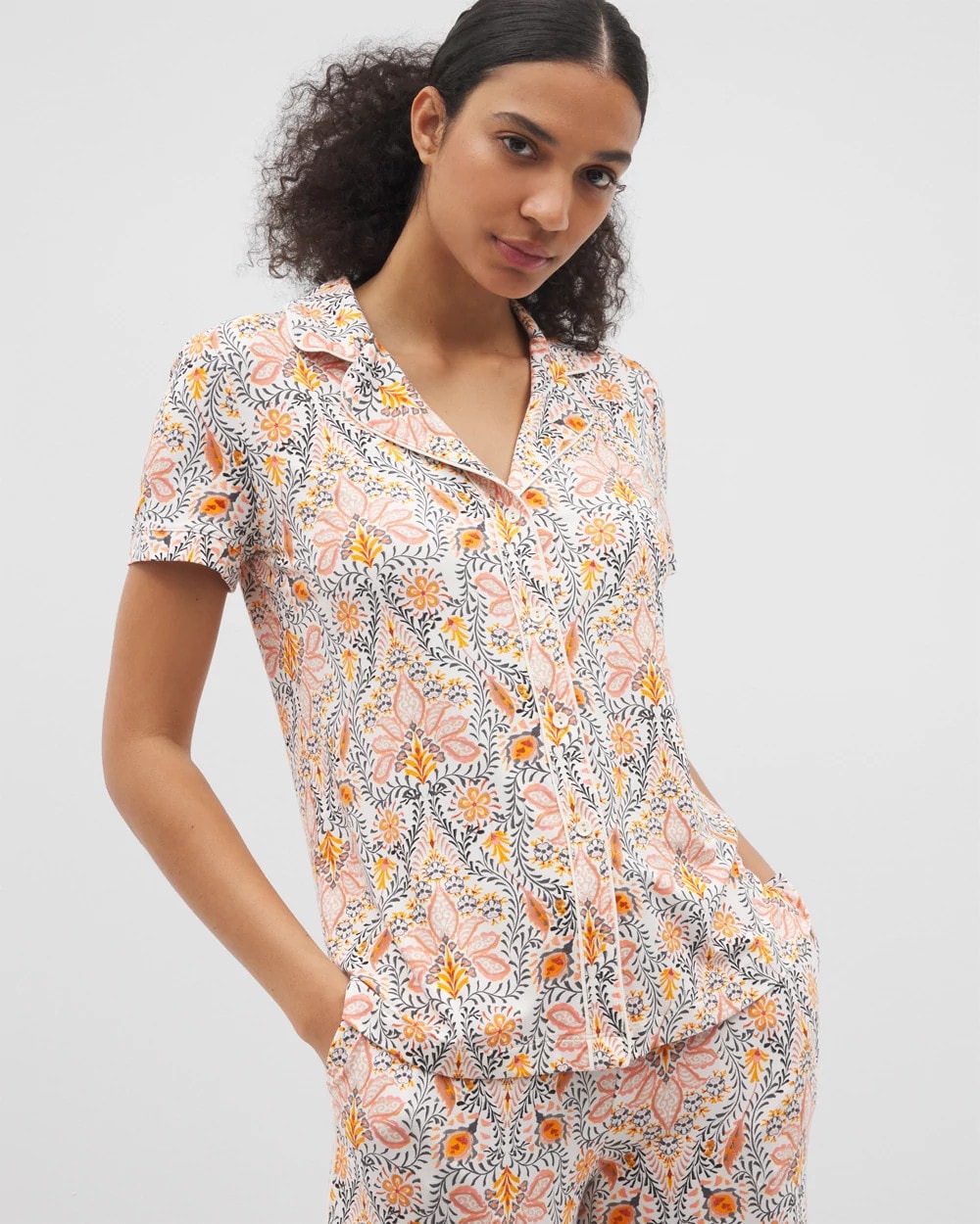 VINE PAISLEY CHAMPAGNE M - Piped Short Sleeve Notch Collar Pajama Top